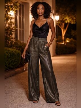 Twin-Set Luxe Metallic Olive Wide Leg Silk-Feel Pants L